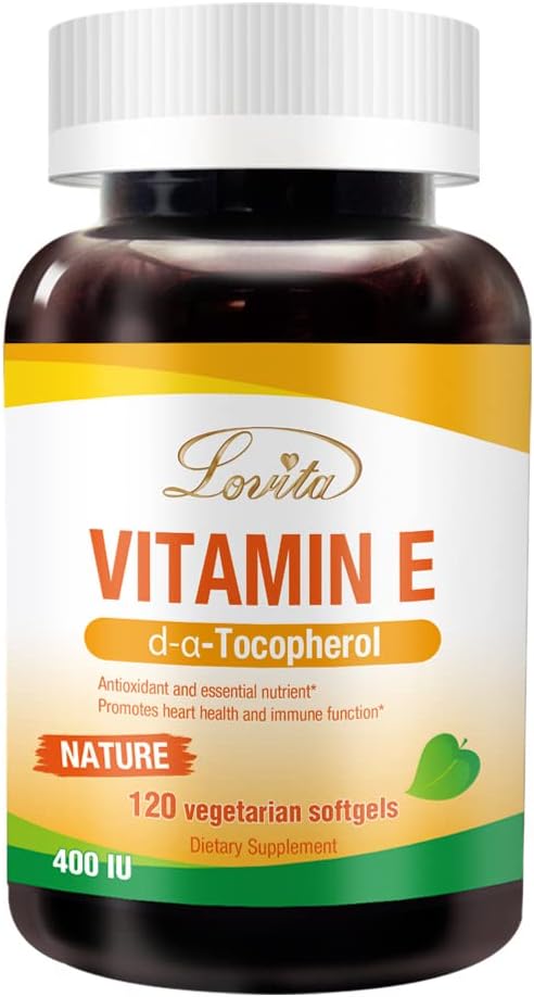 Lovita Vitamine E 400 UI Softgels, Vitamine naturelle E 268 mg (sous forme de D alpha tocophérol), Vitamine végétale E pour la peau saine, les cheveux, les ongles et le système immunitaire support, 120 softgels végétariens
