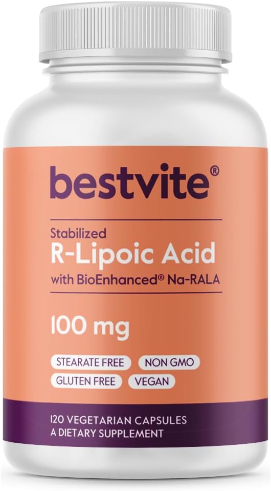 BESTVITE Acide R-Lipoïque 100mg Stabilisé avec Bio-Enhanced® Na-RLA (120 Capsules végétariennes) Pas de stéarate - Aucun agent de débit - Vegan - Non-OGM - Sans gluten