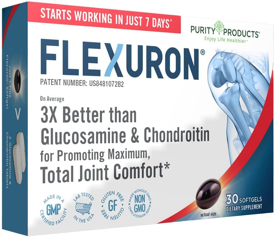 Produits de pureté Flexuron Formule articulaire 3X Mieux que la glucosamine et la chondroïtine - commence à travailler en seulement 7 jours - Huile de krill, faible poids moléculaire Acide hyaluronique, Astaxanthine - 30 Compte (1)