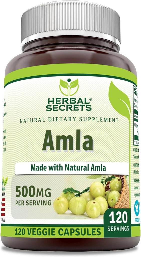 Secrets à base de plantes Amla Supplément de 500 Mg par service de 120 Capsules de légumes Fabriquées avec un supplément naturel Amla