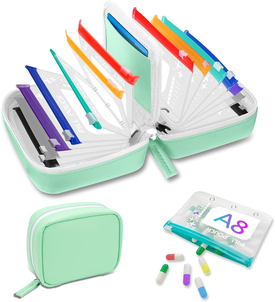 A8 Ensemble d'organisateurs de pilules imperméables, deux fois par jour grand organisateur de pilules pour sept jours, stockage de pilules avec 14 poches codées en couleur, organisateur de médecine de voyage réutilisable