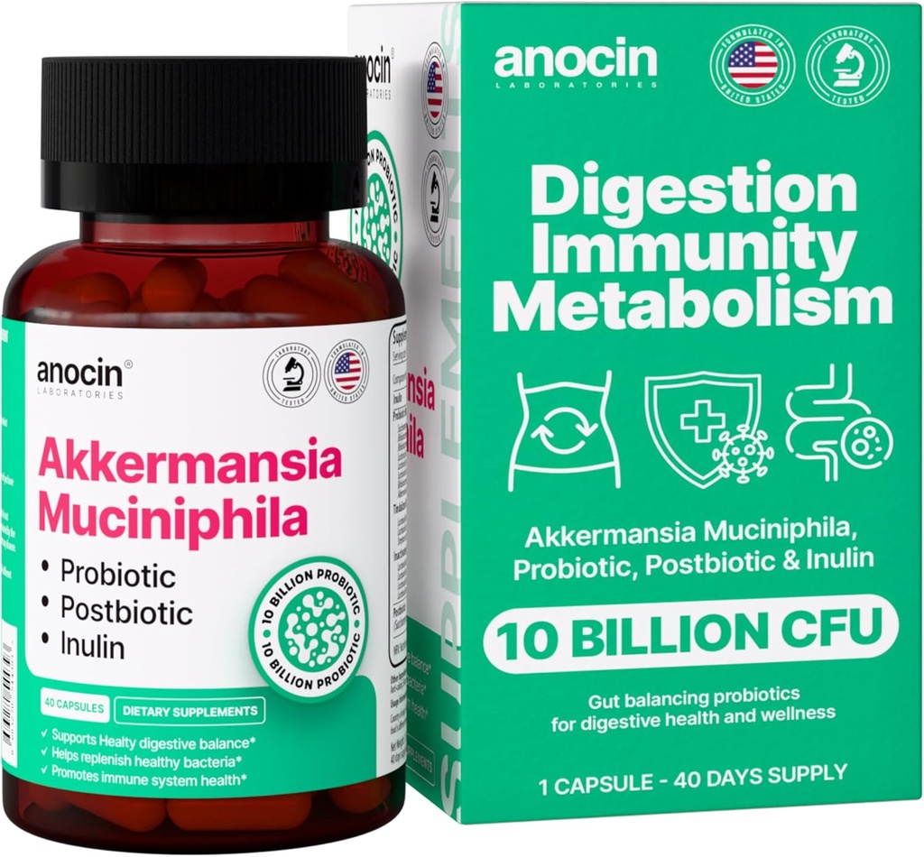 Akkermansia Muciniphila + Probiotique, Postbiotique et Inuline - Supplément santé Gut pour la digestion, le soutien immunitaire - 10 milliards CFU, végétalien et sans gluten
