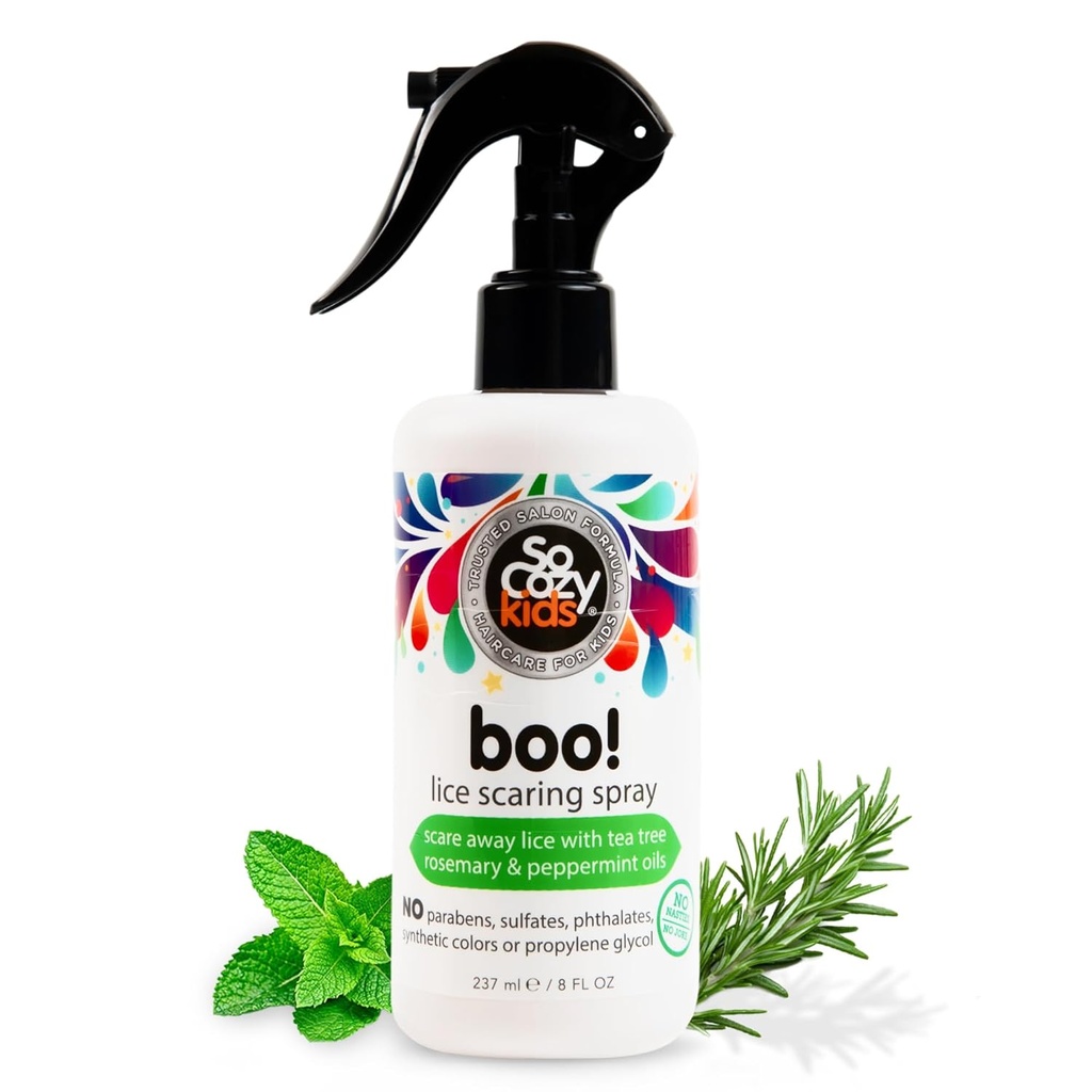 SoCozy Boo Lice Scaring Spray pour les cheveux des enfants, traitement efficace du lice (8 Fl Oz) cliniquement prouvé pour repousser le lice, conditionnement Spray avec huile d'arbre à thé, huile de romarin et kératine, paraben et sans sulfate