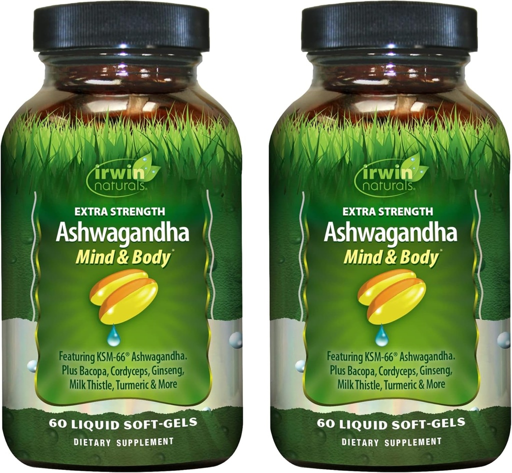 Irwin Naturals Extra Strength Ashwagandha - 60 Liquid Soft-Gels - aide à stimuler la performance physique et mentale - avec le chardon de lait et de tumérique - 60 portions