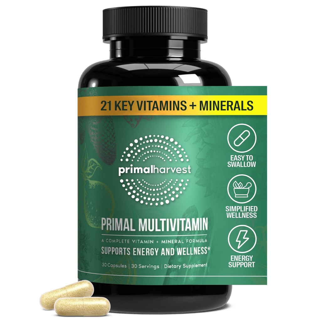 Primal Harvest Primal Multivitamin - Daily Multi-Vitamin Supplement with 21 Essential Vitamins & Minerals for Women & Men - Vitamin A, C, D, E, B12, B6, Biotin, Folic Acid, Zinc, Copper & Selenium