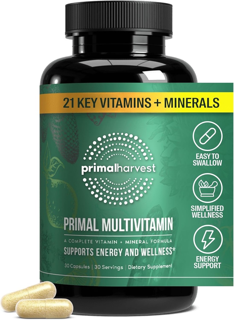 Primal Récolte Primal Multivitamine - Supplément multivitamine quotidien avec 21 vitamines et minéraux essentiels pour les femmes et les hommes - vitamine A, C, D, E, B12, B6, biotine, acide folique, zinc, cuivre et sélénium