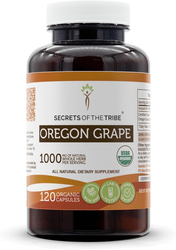 Secrets of the Tribe Oregon Grape USDA Organic Capsules Certified Organic Vegetarian Capsules, supplément alimentaire à base de plantes