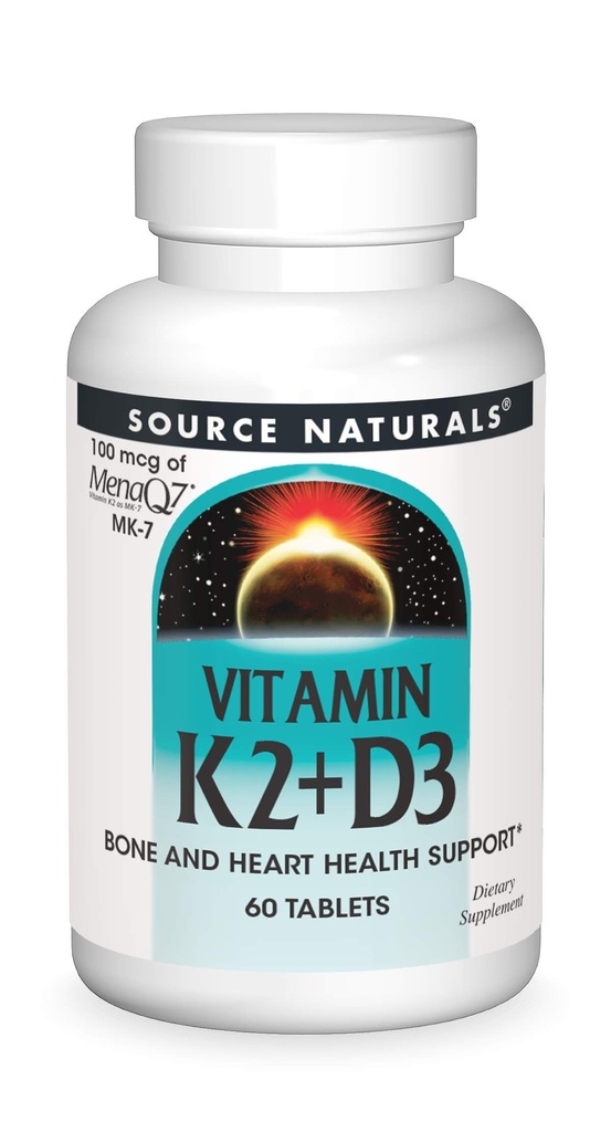 Source Naturelle Vitamine K2 + D3 Complexe de santé des os et du coeur - 400 UI Vitamine D3 et 100 μg Vitamine K2 (MK-7) avec du calcium - 60 comprimés