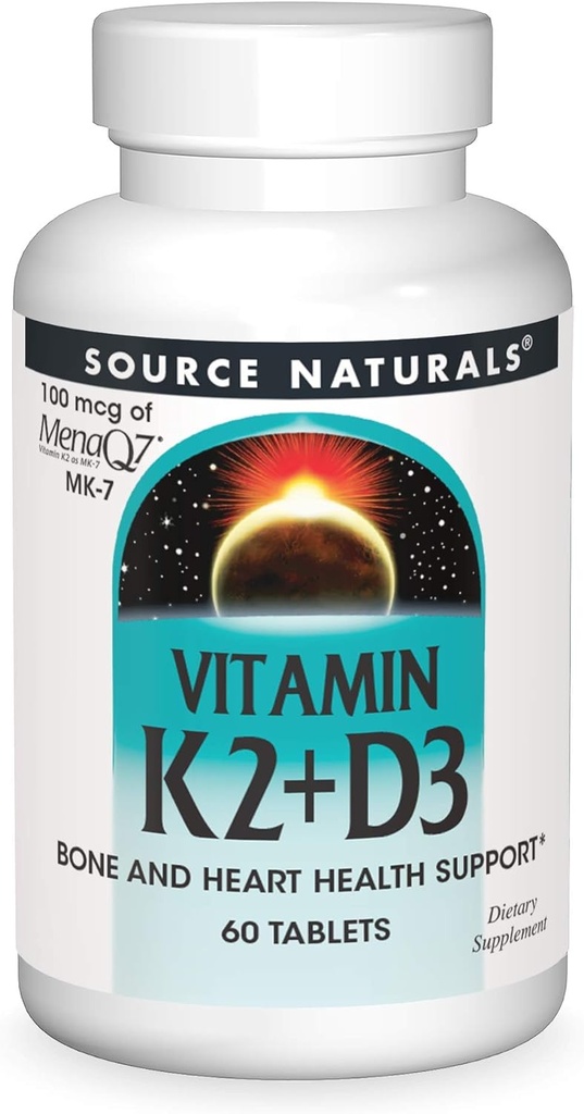 Source Naturelle Vitamine K2 + D3 Complexe de santé des os et du coeur - 400 UI Vitamine D3 et 100 μg Vitamine K2 (MK-7) avec du calcium - 60 comprimés