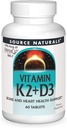 Source Naturelle Vitamine K2 + D3 Complexe de santé des os et du coeur - 400 UI Vitamine D3 et 100 μg Vitamine K2 (MK-7) avec du calcium - 60 comprimés