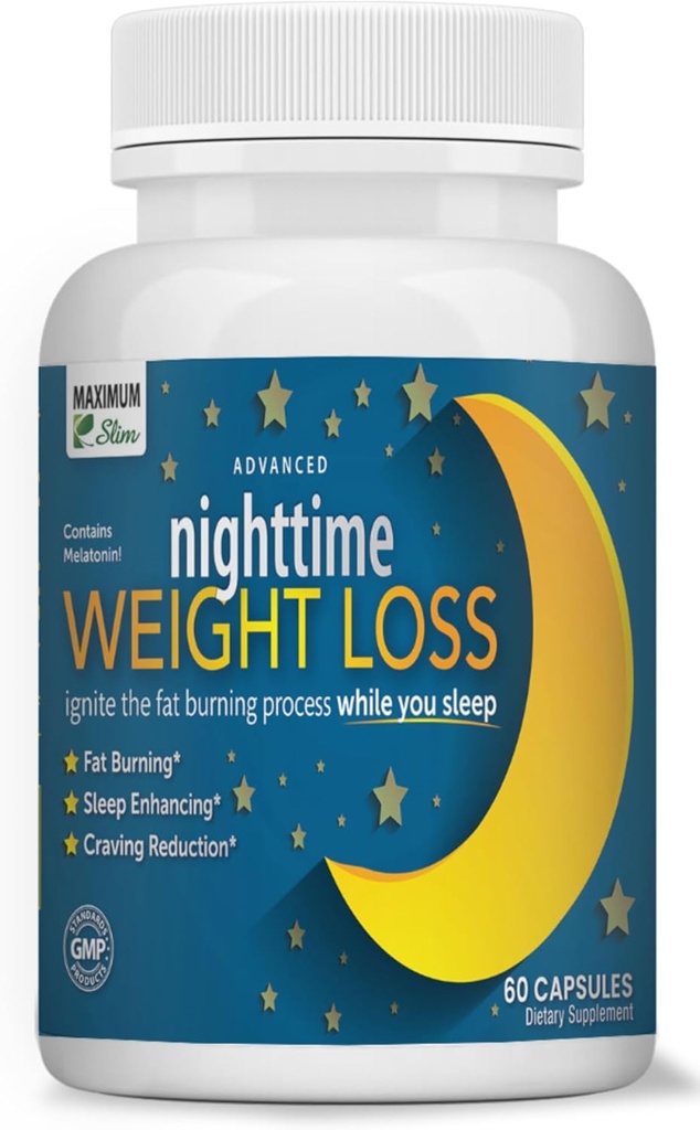 Maximum Slim Nighttime Weight Support – Gentle Fat Burning & Sleep Aid – Mangue africaine, Resvératrol et Thé Vert – Non-OGM, Vegan, 60 Capsules