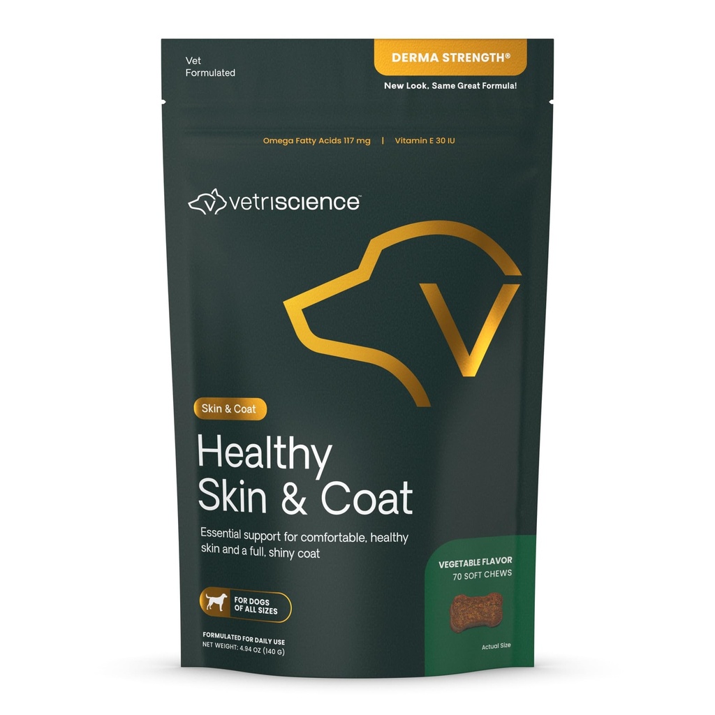 VetriScience Skin & Coat Chews santé, Derma Strength Omega-3 Supplément huile de saumon pour chiens, Omega Peau et Coat Chews, santé de la peau, croissance de la coque, huile de poisson et vitamine E, Veggie, 70 Compte