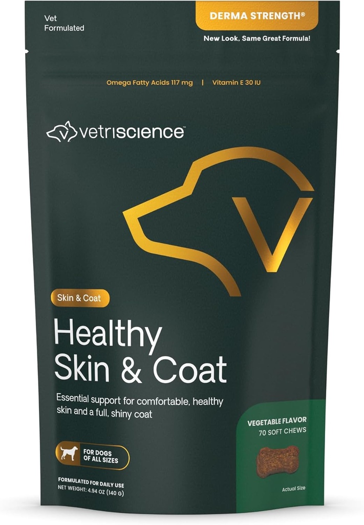 VetriScience Skin & Coat Chews santé, Derma Strength Omega-3 Supplément huile de saumon pour chiens, Omega Peau et Coat Chews, santé de la peau, croissance de la coque, huile de poisson et vitamine E, Veggie, 70 Compte