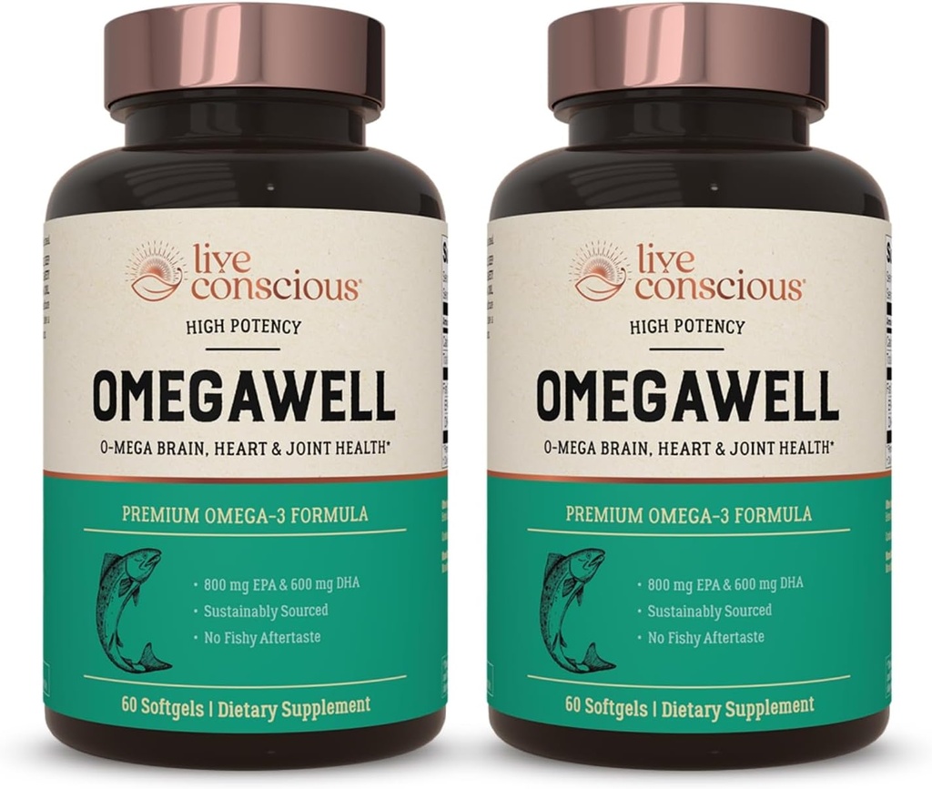 Huile de poisson OmegaWell : soutien du cœur, du cerveau et des articulations. 800 mg EPA 600 mg DHA - Enteric-Coated, source durable - Facile à avaler 120 Compte (2-pack)