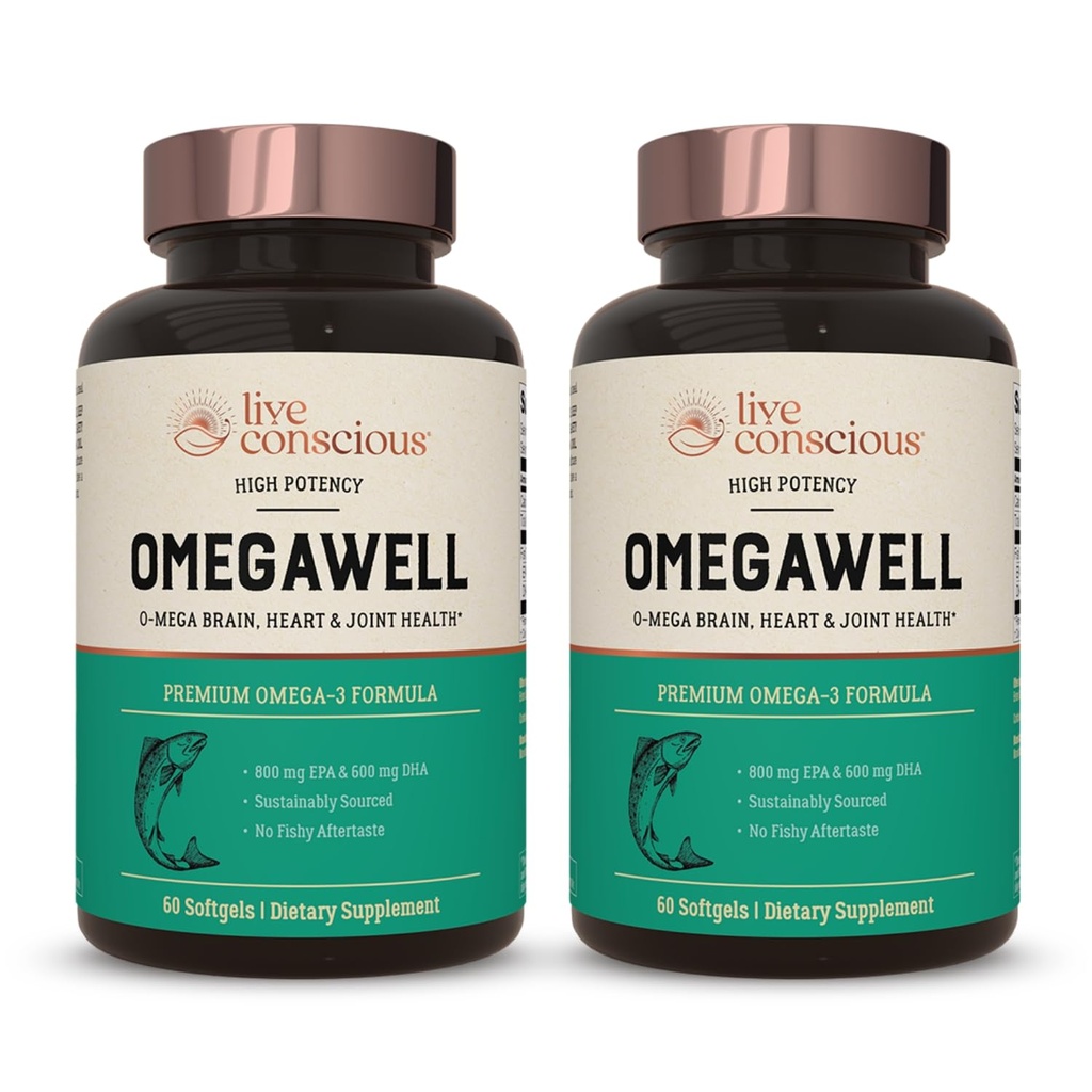 Huile de poisson OmegaWell : soutien du cœur, du cerveau et des articulations. 800 mg EPA 600 mg DHA - Enteric-Coated, source durable - Facile à avaler 120 Compte (2-pack)