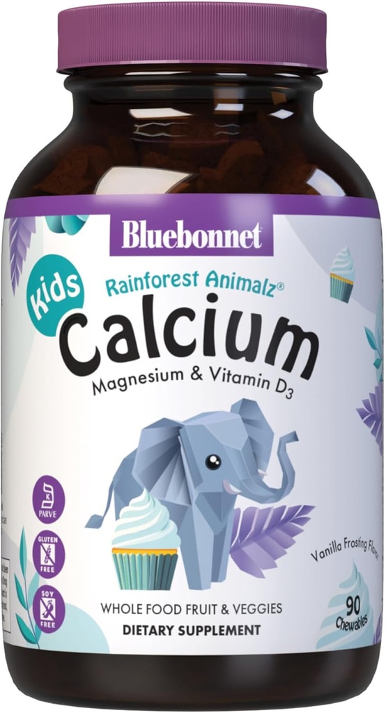 BlueBonnet Super Earth Rainforest Animalz Calcium Magnésium et Vitamine D3 Chews, Givrage à la vanille naturelle, Blanc, 90 Compte