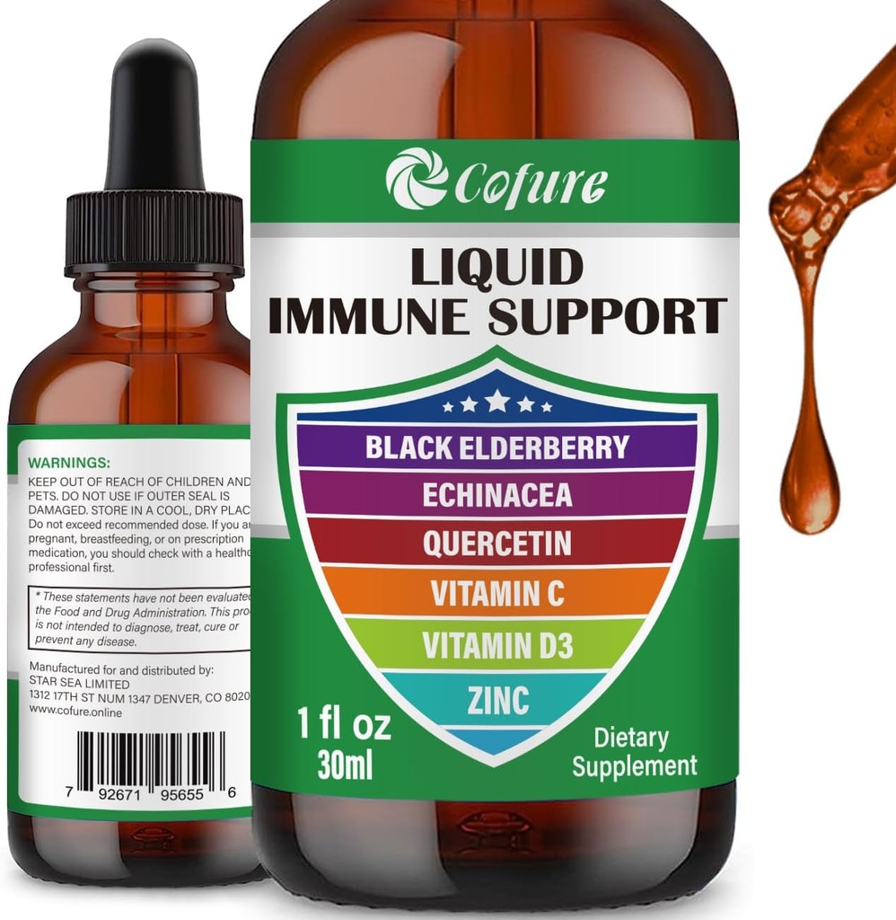 Zinc Quercetin Vitamin C D3 Liquid Immune Support with Organic Echinacea Elderberry, Immune Defense Drops Supplement for Adults- Vegan, Non-GMO, Gluten Free - 1 Fl Oz