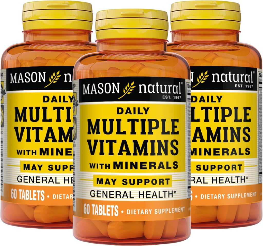 MASON NATURAL Vitamines quotidiennes multiples avec minéraux - 24 Vitamines essentielles et minéraux, tout en une multivitamine, soutient la santé globale, 60 comprimés (paquet de 3)
