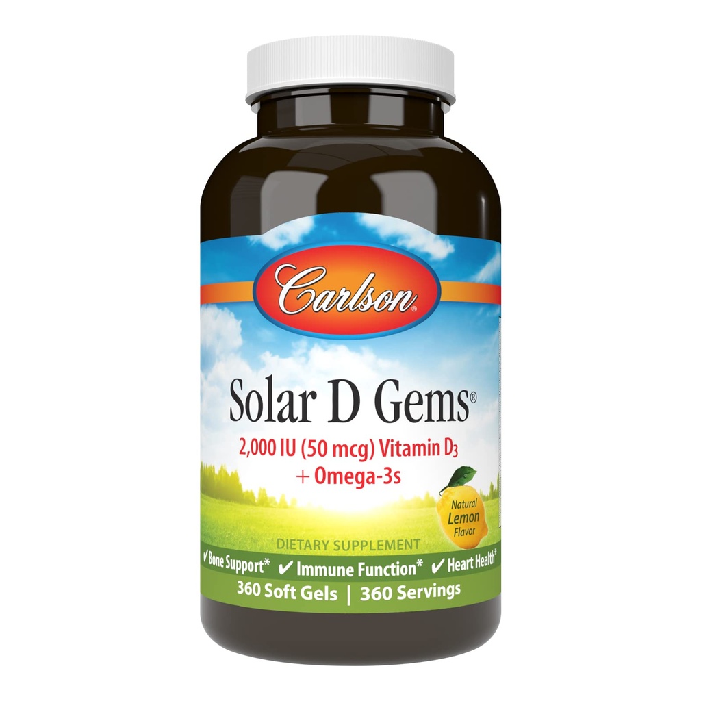 Carlson - Solaire D Gems, vitamine D3 et supplément Oméga-3, 2000 UI (50 mcg) Vitamine D3, 115 mg Oméga-3s EPA et supplément DHA, prise sauvage, source durable, citron, 360 Softgels