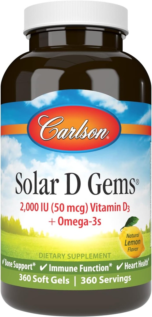 Carlson - Solaire D Gems, vitamine D3 et supplément Oméga-3, 2000 UI (50 mcg) Vitamine D3, 115 mg Oméga-3s EPA et supplément DHA, prise sauvage, source durable, citron, 360 Softgels