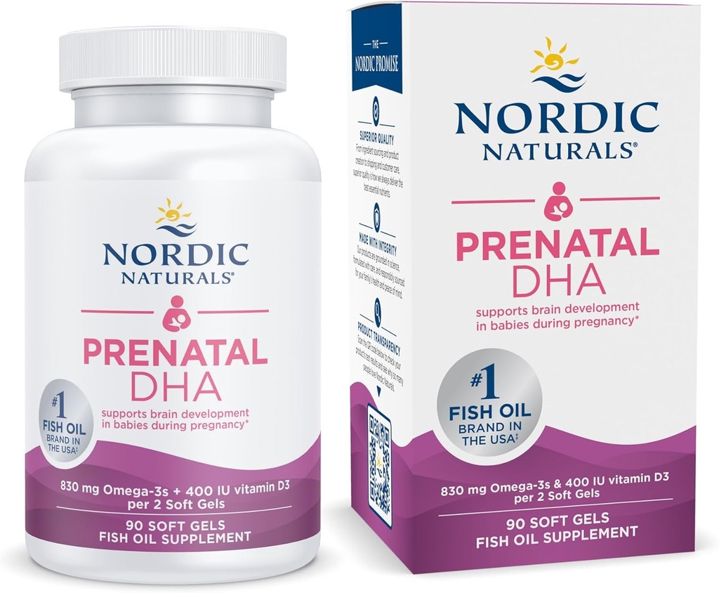 Nordic Naturals Prenatal DHA, non aromatisé - 90 gels mous - 830 mg Oméga-3 + 400 UI Vitamine D3 - Soutien au développement du cerveau chez les bébés pendant la grossesse et l'allaitement - Non-OGM - 45 portions
