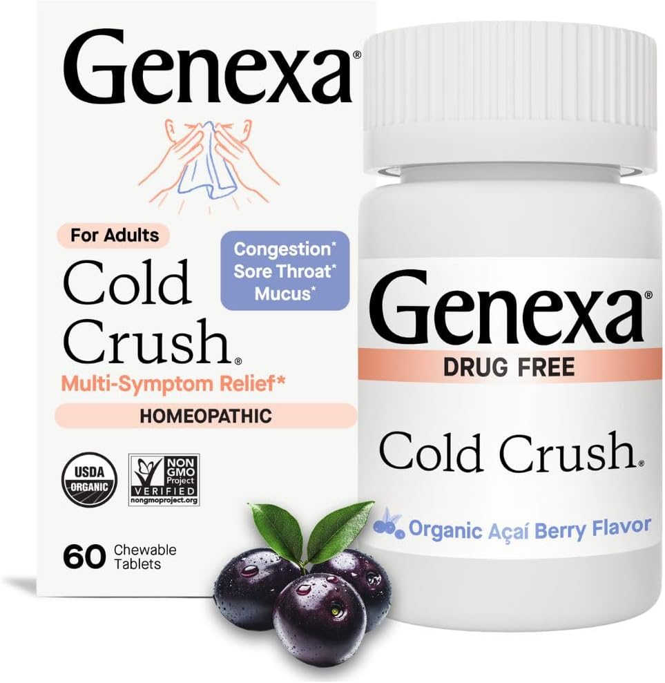 Genexa Crush à froid.Toux multisymptômes et soulagement à froid pour les adultes.Délicieux açai biologique parfum de baies.