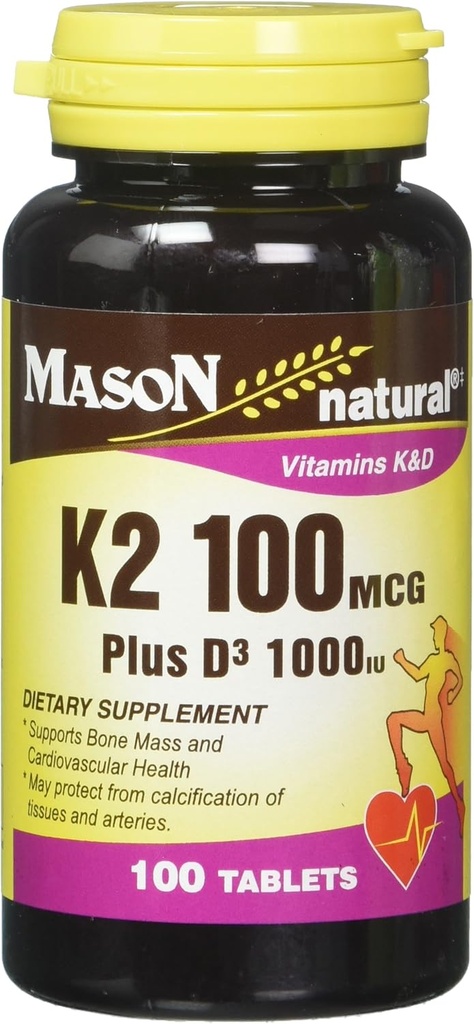 Mason Vitamine naturelle K2 100 mcg Plus D3 1000 UI Comprimés 100 Compte par boîte de bouteille de 3 Total 300 comprimés