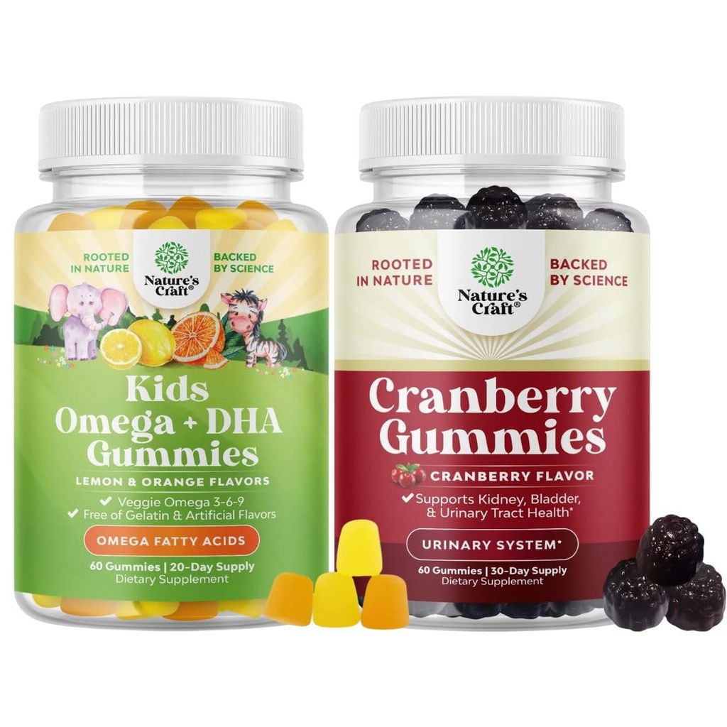 Ensemble de gommes Omega 3 à base de plantes pour les enfants et de gommes de canneberge naturelles pour les femmes et les hommes - pour le soutien de l'immunité de vision et de la focalisation - pour la santé urinaire de pièges
