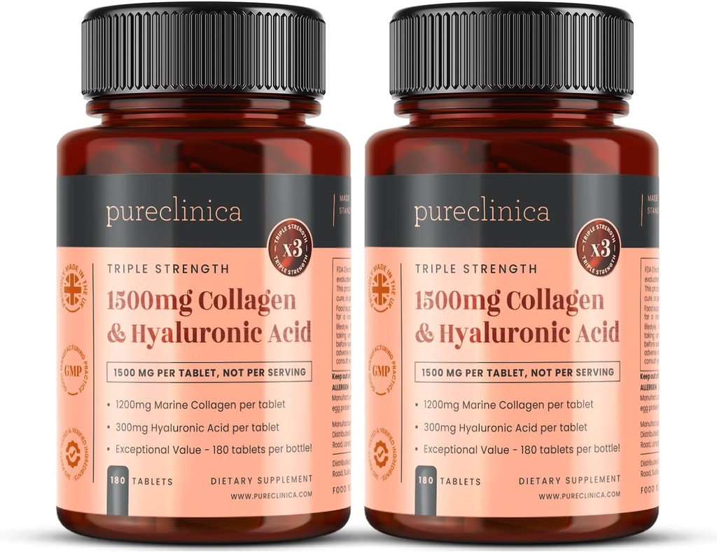 purclinica Collagène UltraColl et acide hyaluronique 1500mg x 360 comprimés (2 bouteilles de 180) - 1 an d'approvisionnement