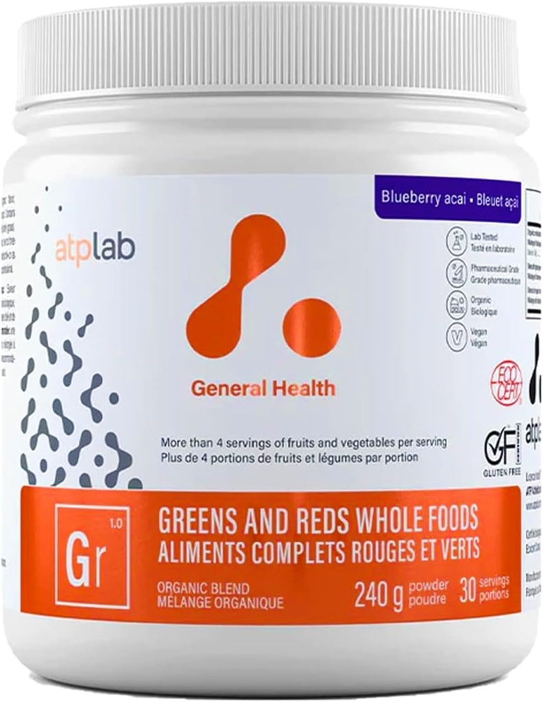 ATP LAB - Greens and Reds Whole Foods 240g (Blueberry Acai Flavour) - Superfood en poudre de Greens Athletic - Améliorer l'humeur et la circulation - Réduire la pression