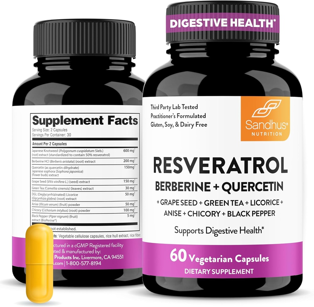Sandhu's Resveratrol avec Berberine pour la santé Gut.com Supplément digestif pour les femmes et les hommes.