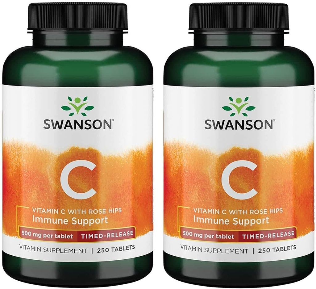 Swanson Vitamine C à libération chronométrée avec système immunitaire HIPS rose Soutien de la peau Santé cardiovasculaire Supplément antioxydant 500 mg 250 comprimés (Tabs) (2 pack)