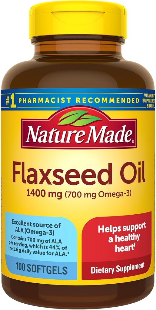 Nature Made Extra Strength Huile de lin 1400 mg, Supplément Omega 3 sans poisson, Supplément diététique pour le soutien de la santé cardiaque, 100 Softgels, 100 jours d'approvisionnement