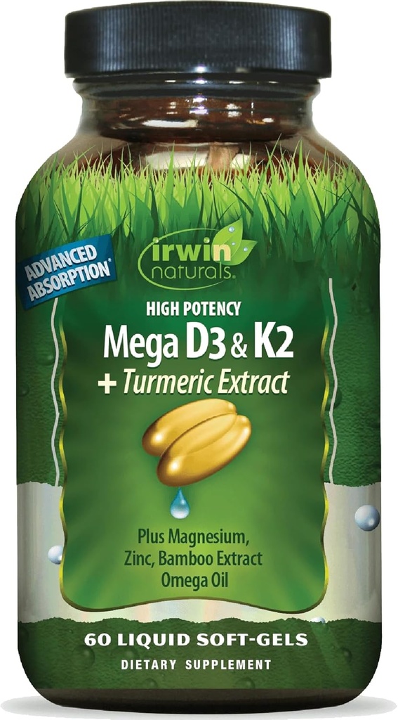 Irwin Naturals Haute puissance Mega D3 & K2 + Extrait curcuma - 60 Softgels liquides - Bons sains et fonction immunitaire