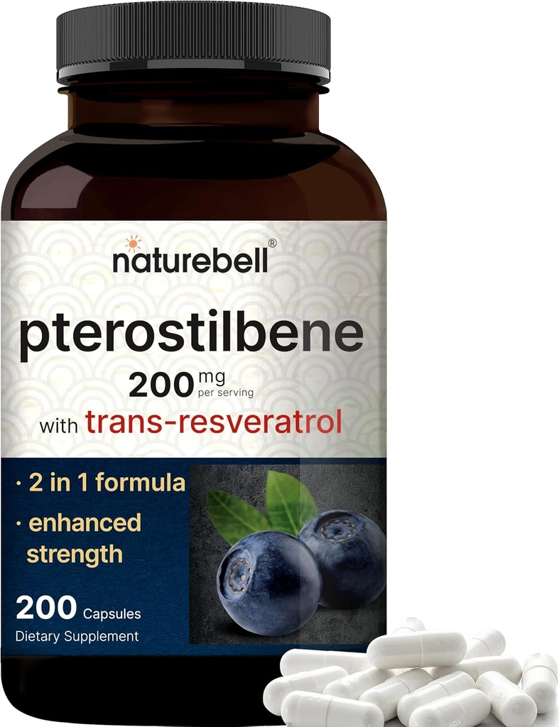 Pterostilbène avec 98% de trans-résvératrol, 200mg par portion, 200 Capsules.
