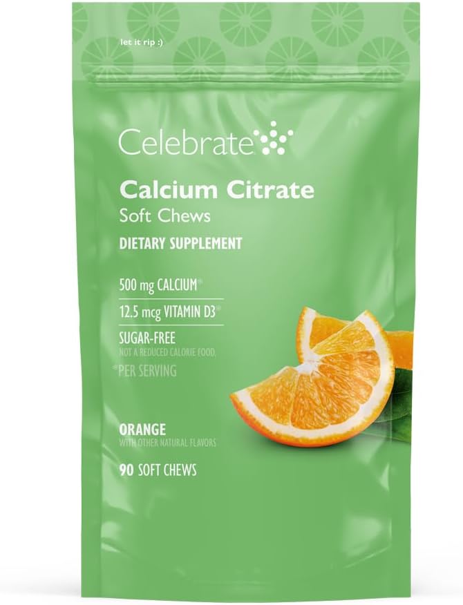 Celebrate Vitamins Bariatric 500mg Calcium Citrate Soft Chews with 500 IU Vitamin D3 – Essential for Gastric Bypass Patients & Bone Health - Sugar & Gluten Free, Orange (90 Chews)