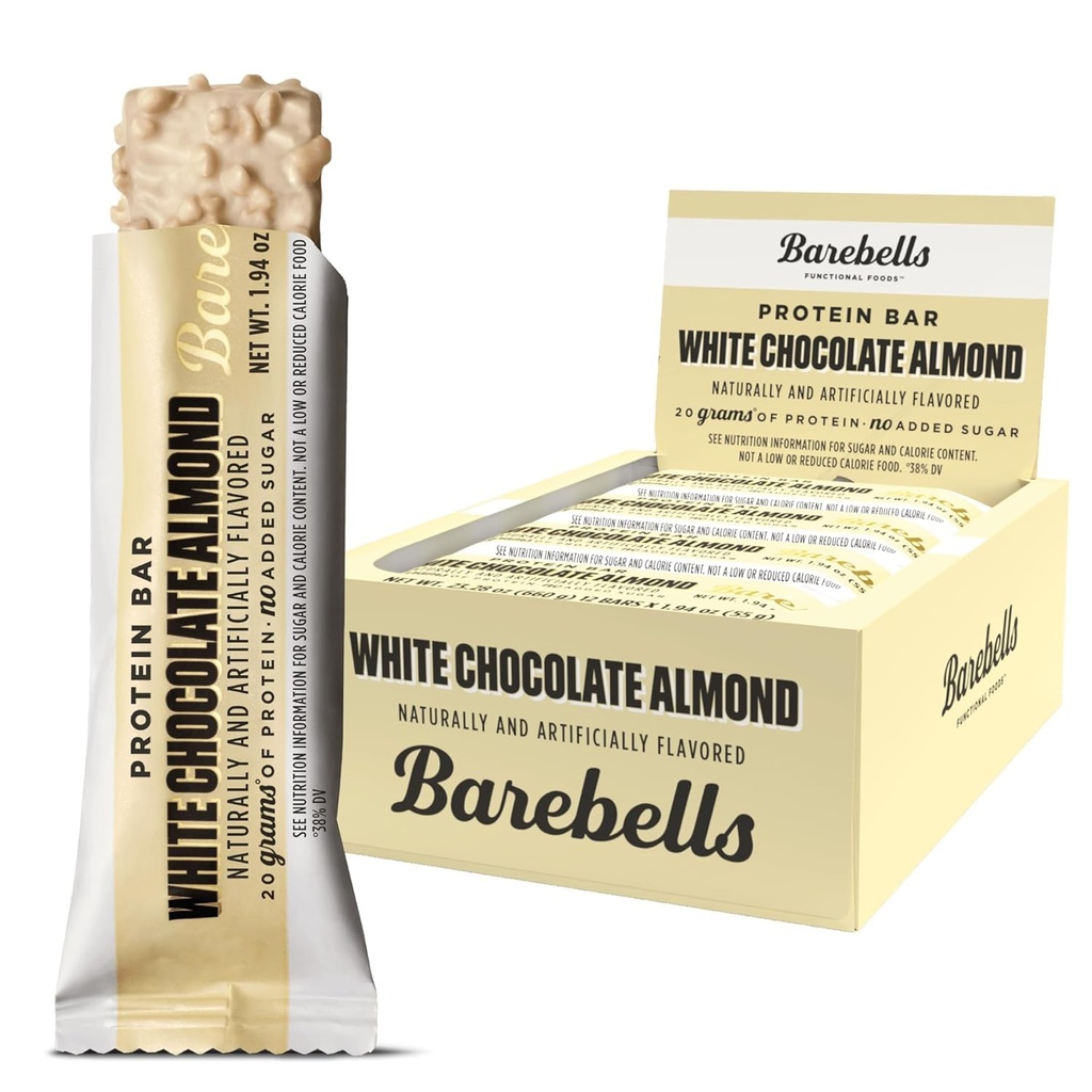 Barebells Barres protéinées Amande de chocolat blanc - 12 Compte, 20g Traitements à haute teneur en protéines - Barre de nutrition au chocolat avec 1g de sucres totaux - Petit déjeuner ou snack post-entraînement