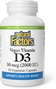 Facteurs naturels Vitamine végétalienne D3 2000 UI, soutient la santé osseuse et immunitaire, 90 capsules