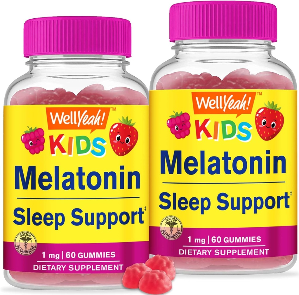 WellYea Kids Melatonin Gummies 1 mg (2 Pack) - Supplément de gommy sans médicament pour l'aide au sommeil, soutien au sommeil pour les enfants - sans gluten, sans gélatine, sans OGM, végétarien - aromatisant naturel - 60 gommies