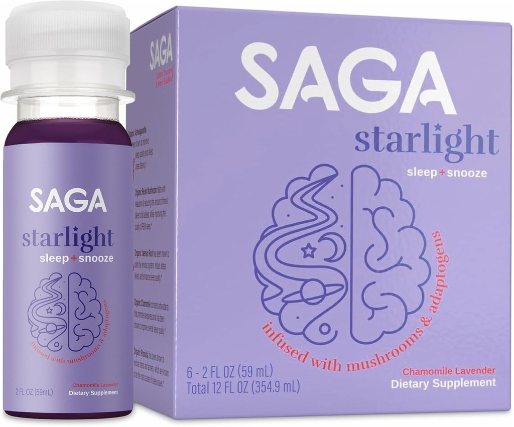 SAGA Starlight Organic Sleep Shots – Aide naturelle au sommeil avec la mélatonine, Reishi, la racine valériane, Ashwagandha, Camomille – sans sucre, végétalien, calories zéro, soutien au sommeil basé sur la plante, taille de voyage (2 Oz)