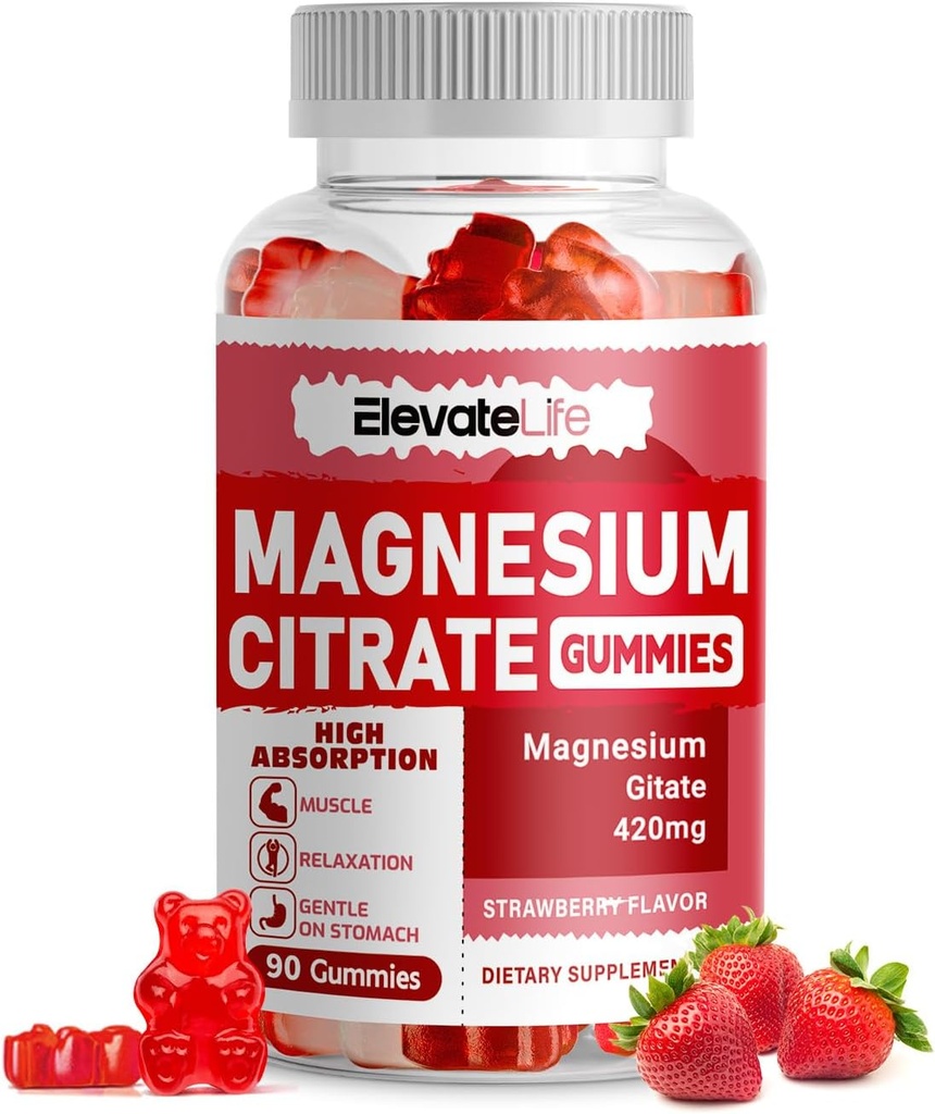 Citrate de magnésium Gommies 420mg par portion - 90 Gommies végétaliens - favorise la relaxation saine, le muscle, les os et le soutien énergétique (90 Gommies fraises)