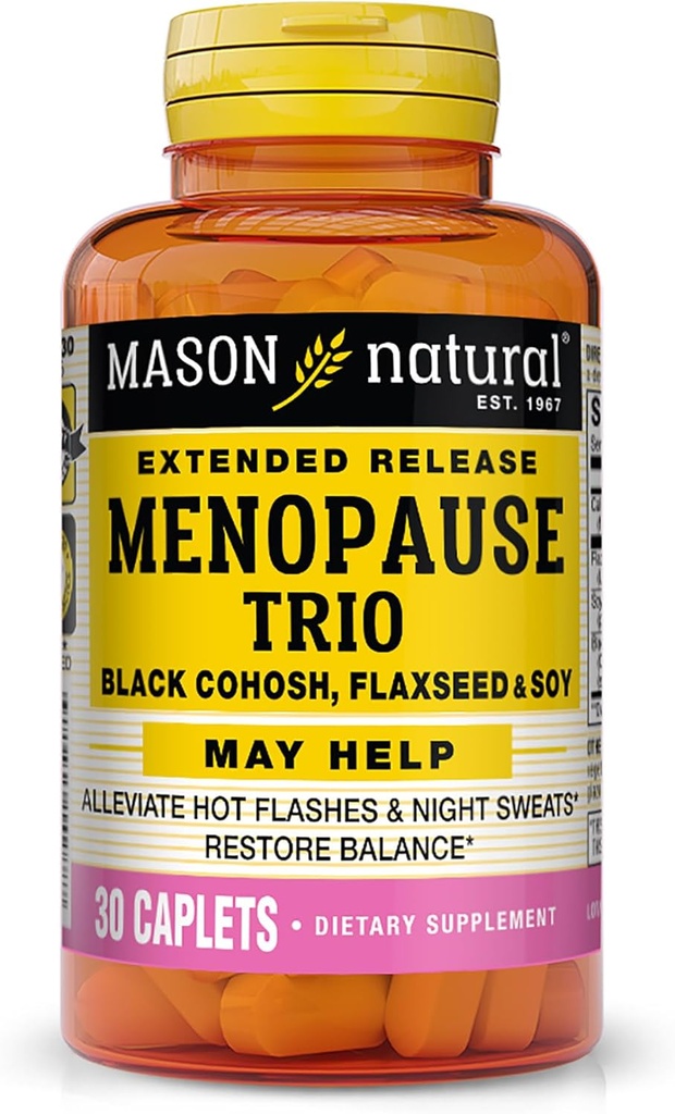 Mason Natural Ménopause Trio: Cohosh noir, lin et soja (Extended Release) - Peut atténuer les éclairs chauds et les sueurs de nuit*, soutient l'équilibre hormonal sain*, 30 caplets