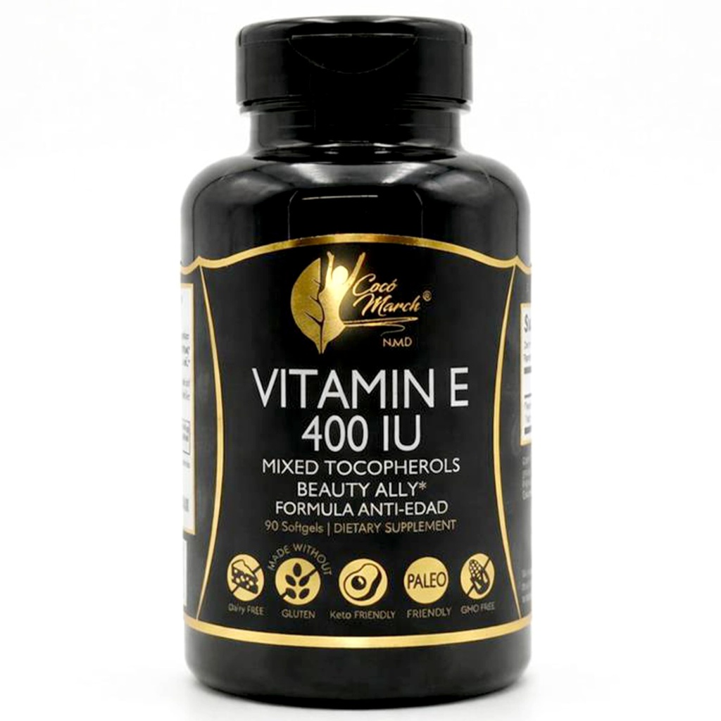 Cocó Mars N.M.D Vitamine naturelle E 400 UI-Mixed Tocophérols, Ally de beauté, 3 mois d'approvisionnement - Sans gluten, Paléo Friendly, Sans lait, Céto Friendly, Sans OGM, 100 Softgels