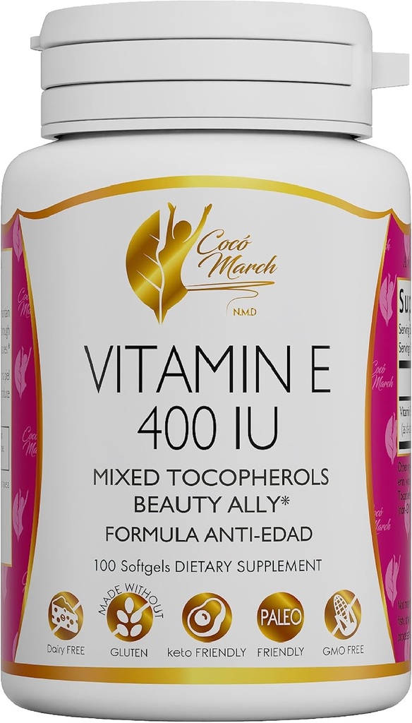Cocó Mars N.M.D Vitamine naturelle E 400 UI-Mixed Tocophérols, Ally de beauté, 3 mois d'approvisionnement - Sans gluten, Paléo Friendly, Sans lait, Céto Friendly, Sans OGM, 100 Softgels