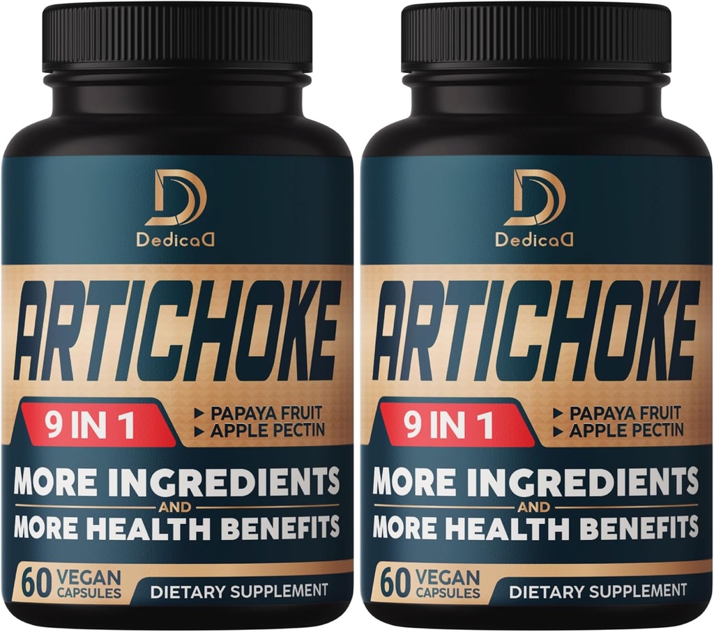 Capsules d'extrait d'artichaut 6650mg Approvisionnement en 4 mois - Soutien Digestion, santé immunitaire et équilibre corporel - Combiné 9 herbes Papaya, pomme Pectine, gingembre et plus - Non-OGM 2 Packs 60 Capsules