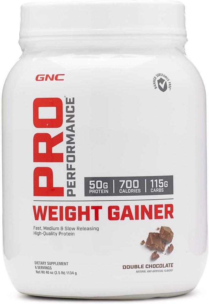 GNC Pro Performance gaineur de poids en poudre de protéines, 50g de protéines, haute calories, 700 calories, soutient la récupération de masse et de muscle, MCT, BCAA, 3ème partie testée, chocolat double, 6 portions, 2,5 lbs