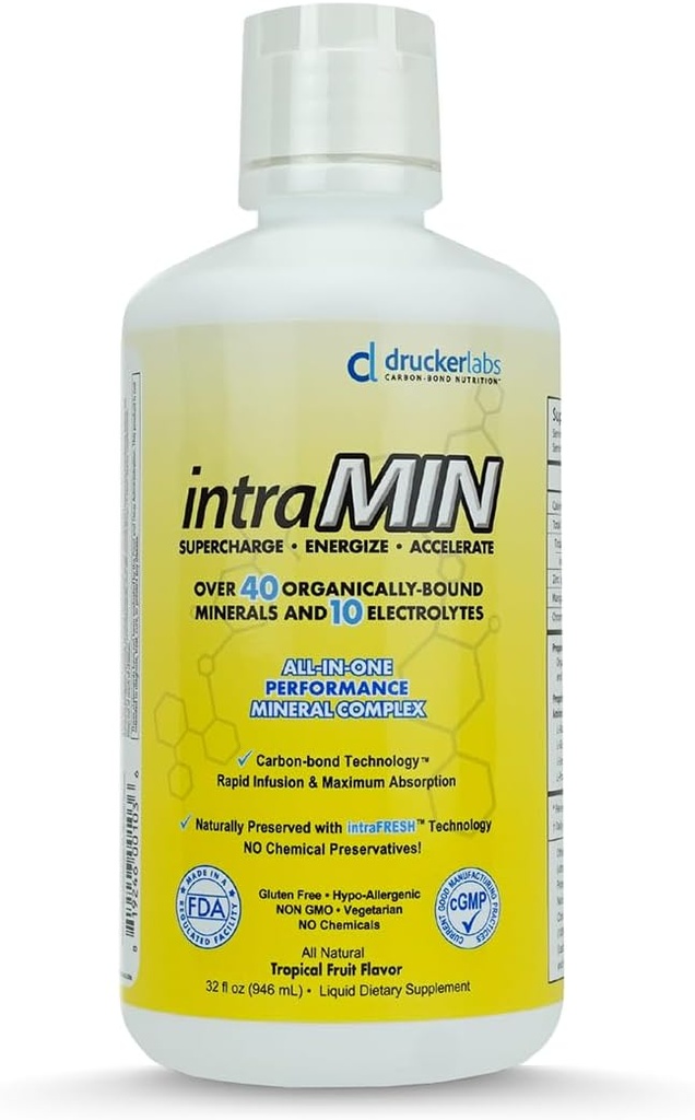 DRUCKER Labs - IntraMIN Organic Liquid Trace Minerals Complément alimentaire pour hommes, femmes, enfants, soutien immunitaire, soutien musculaire, non OGM, sans gluten, végétalien, électrolytes (32 oz, punch de fruits tropicaux)