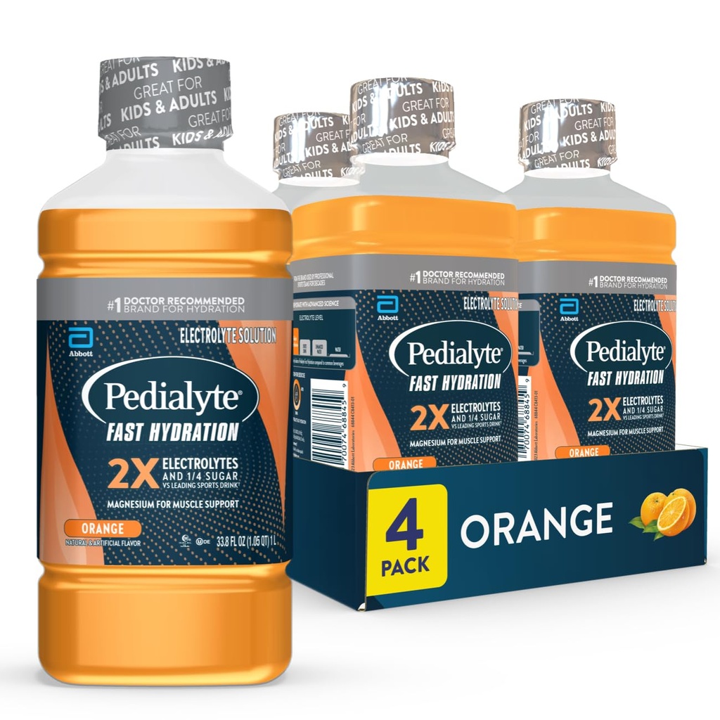 Pedialyte Fast Hydration Electrolyte Solution, Orange, Hydration Drink, 33.8 Fl Oz (Pack of 4)