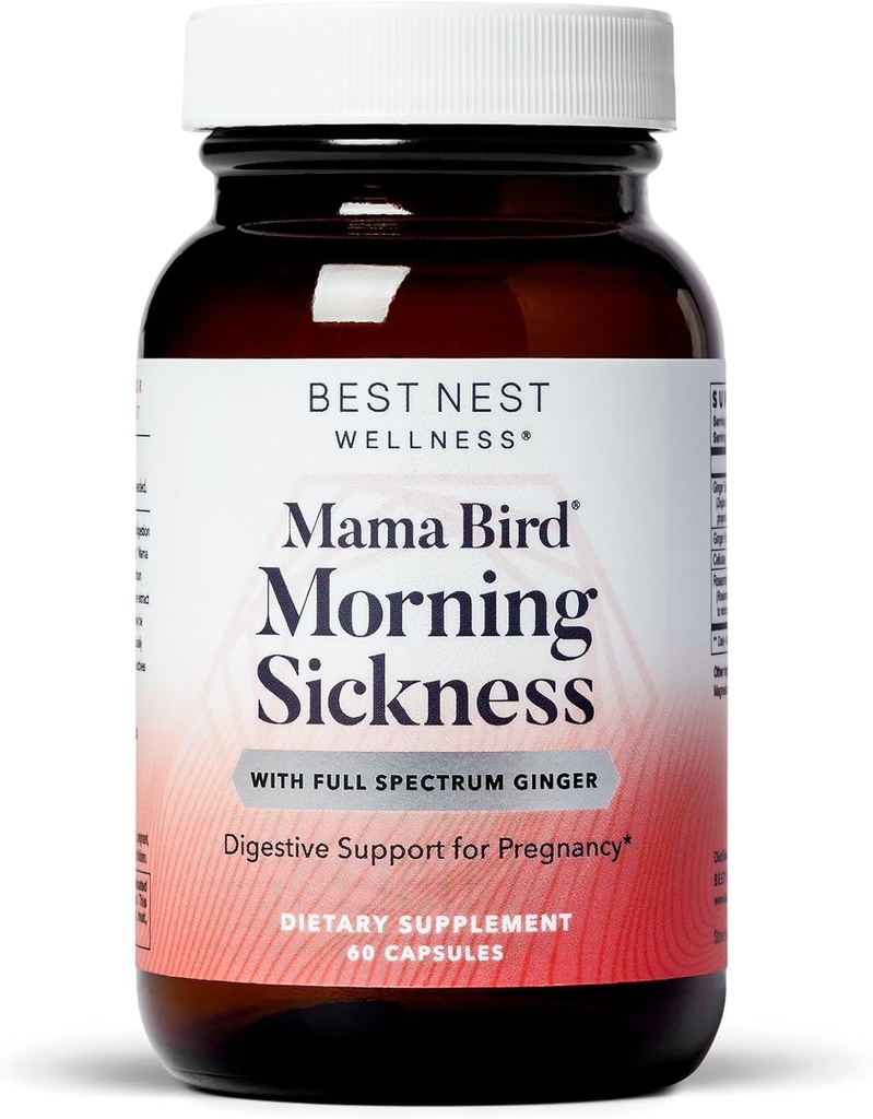 Best Nest Wellness Mama Bird Morning Sickness Relief - Formule de supplément doux contre la maladie du matin - Supplément avec extrait de gingembre et poudre de racine - 60 Capsules