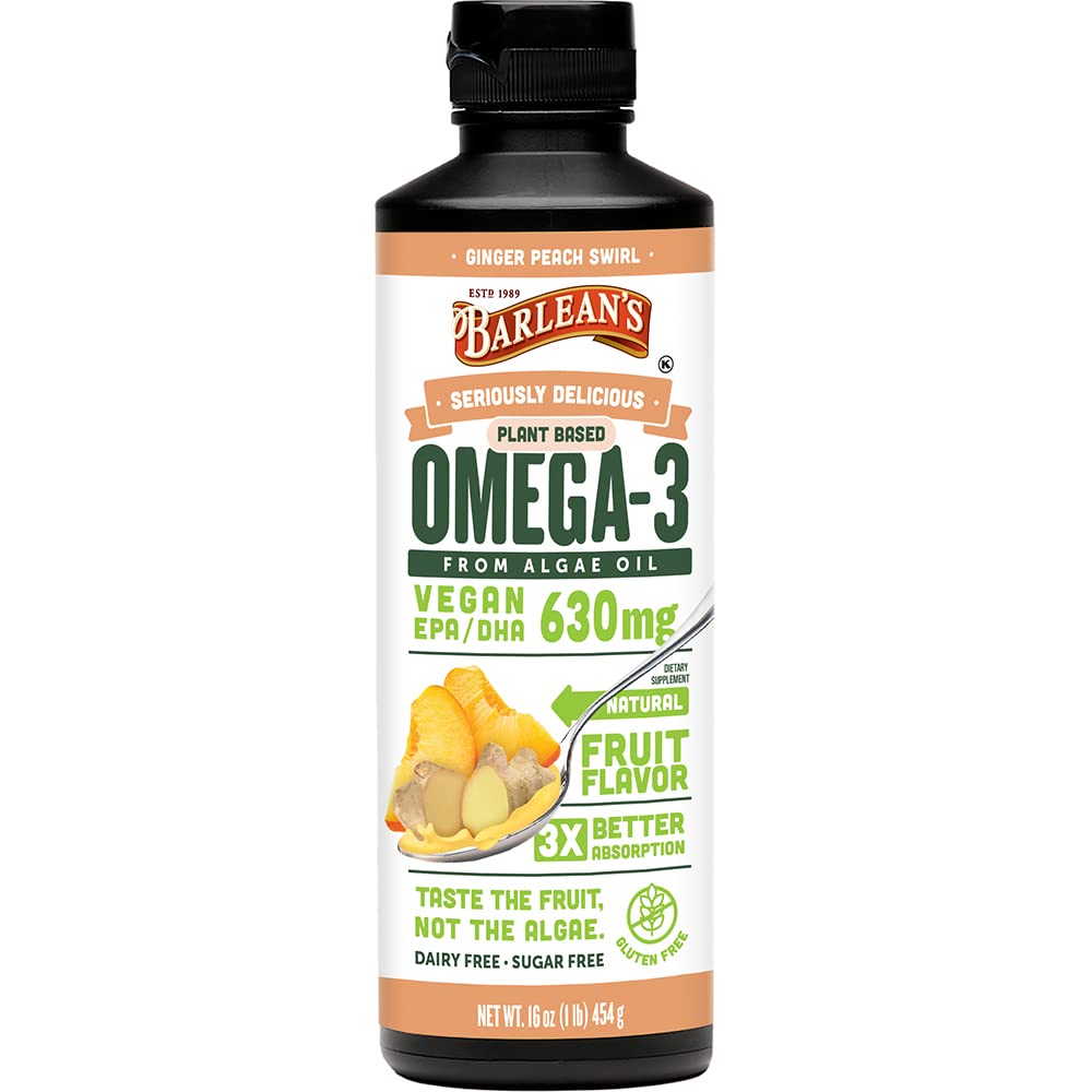 Barlean's Ginger Peach Vegan Omega 3 supplément, huile d'algue liquide avec 630 mg EPA & DHA, Omega à base végétale à partir d'huile d'algue, sans OGM et sans gluten, 16 oz